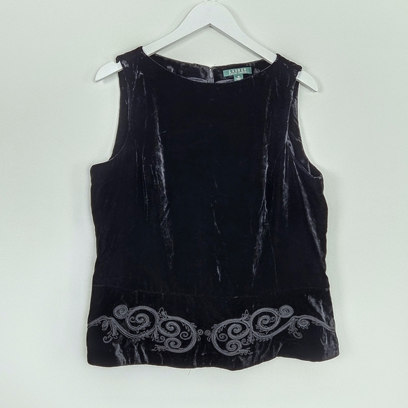 NWT Lauren Ralph Lauren Sleeveless Black Embroidered Velvet Blouse Top Size 16 - Picture 2 of 6